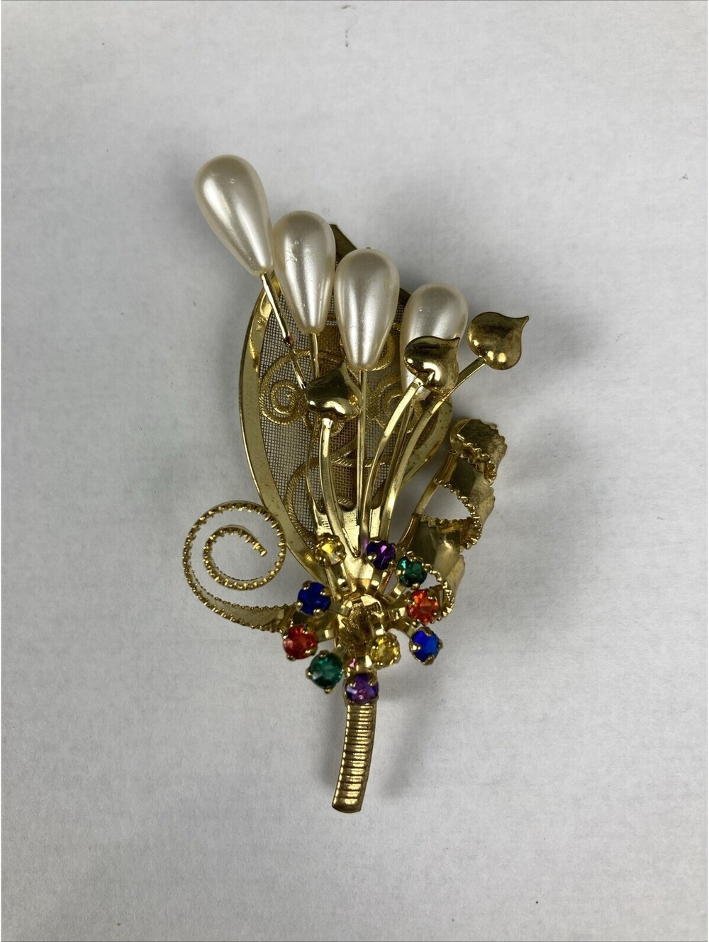 OTC International Rhinestone Faux Pearl Gold Tone Floral Pin Brooch Vintage